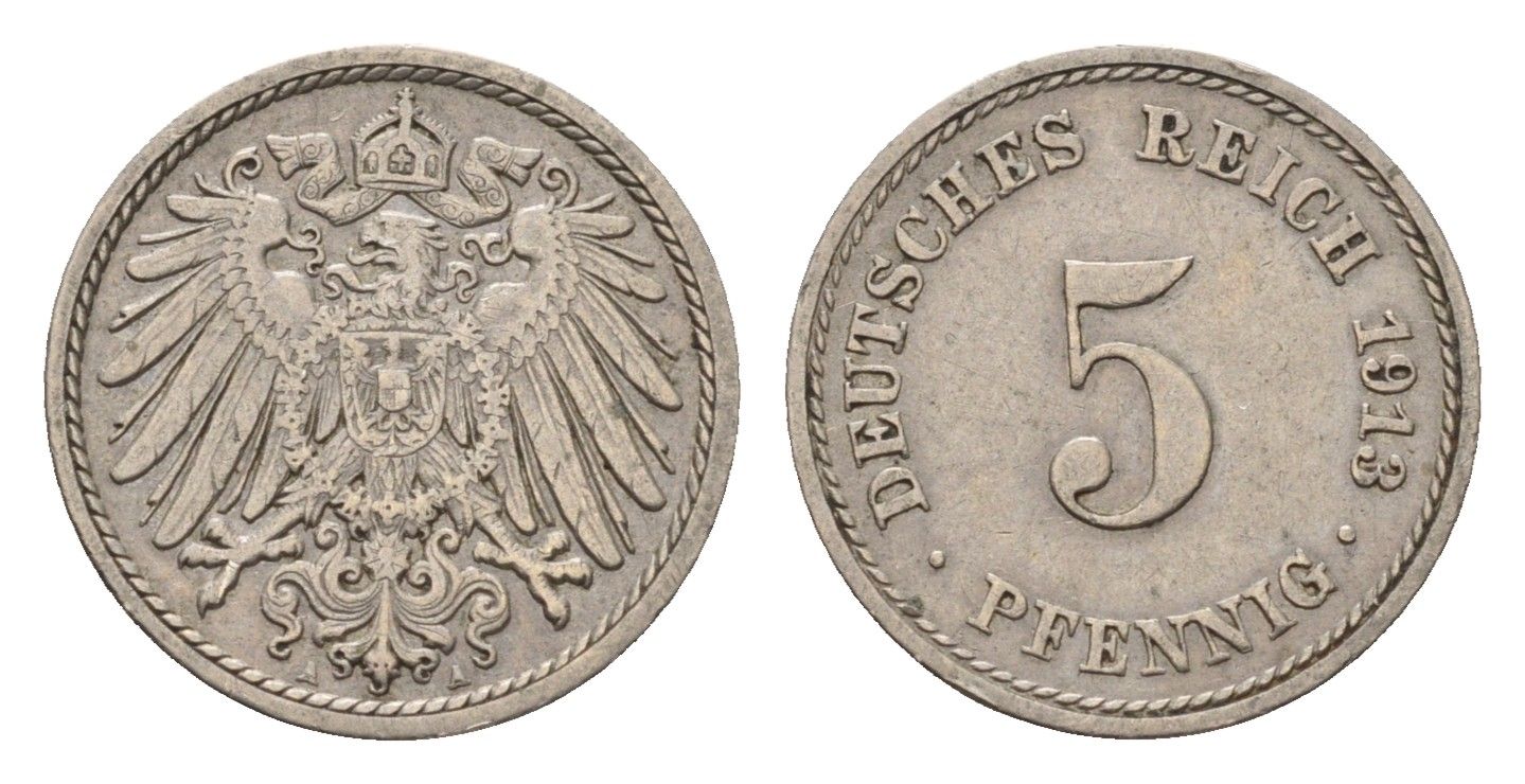 Германия 5 пфеннигов 1913 A, Вильгельм II (1888-1918) KM 11, J. 12 медно-никель 4636-261