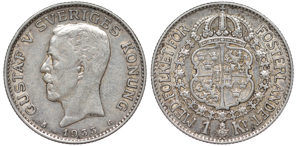 Швеция 1 крона 1933 G, Густав V (1907-1950) KM 786.2 серебро 4178-635