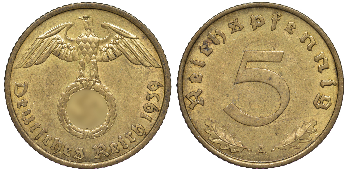 Германия 5 рейхспфеннигов 1939 A KM 91, J. 363 алюминиевая бронза 4602-1259