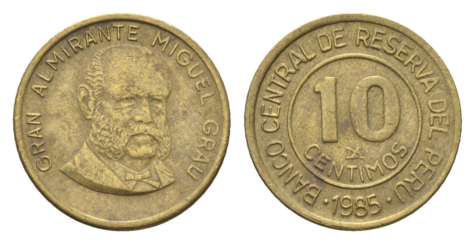 Перу 10 сентимо 1985 Мигель Грау Семинарио KM 293 латунь 4664-445