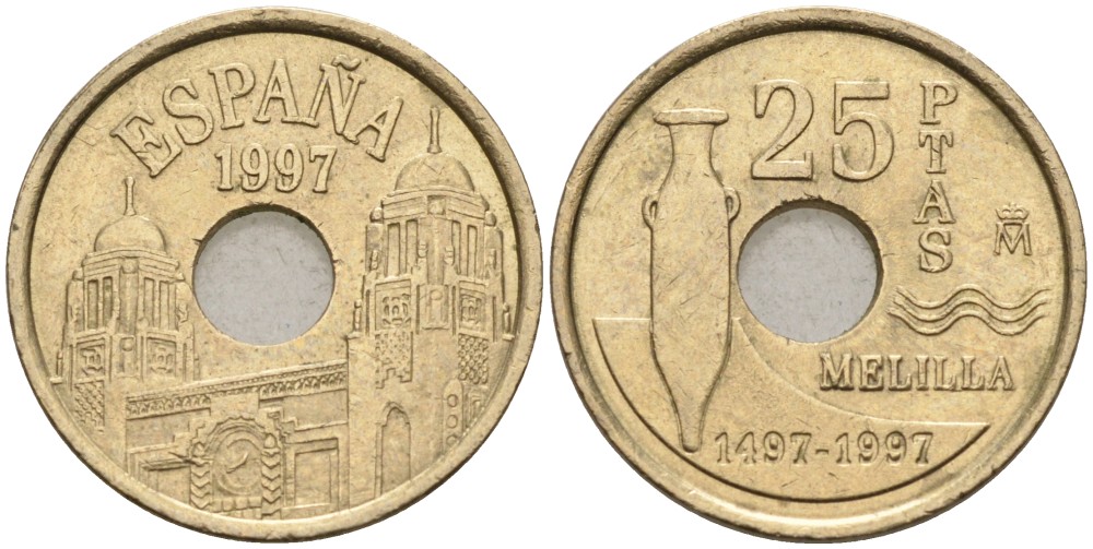 Испания 25 песет 1997 Мелилья (Melilla), Хуан Карлос I (1975-2014) KM 983 латунь 192-436