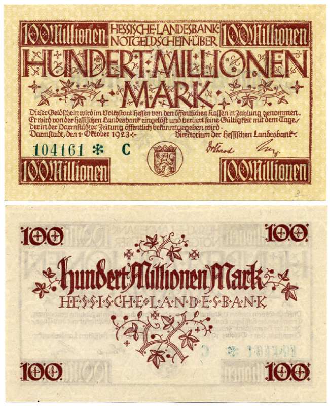 ДАРМШТАДТ, ГЕРМАНИЯ 100000000 МАРОК (100 МИЛЛИОНОВ МАРОК) 1923 1 СЕНТЯБРЯ 1923, НОТГЕЛЬД, ЗЕМЛЯ ГЕССЕН, НОМЕР, СНЕЖИНКА, СЕРИЯ С, ЗЕЛЁНАЯ, HESSESCHE LANDESBANK Keller 956е бумага UNC (ПРЕСС) 8613-25-3-2