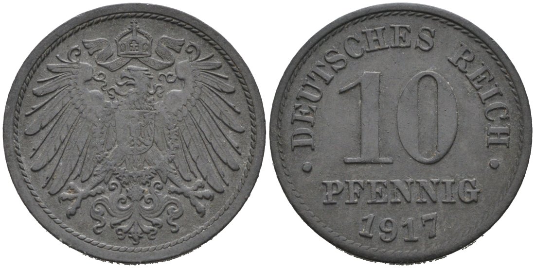 Германия 10 пфеннигов 1917 KM 26, J. 299, Weege 8 цинк 92-324