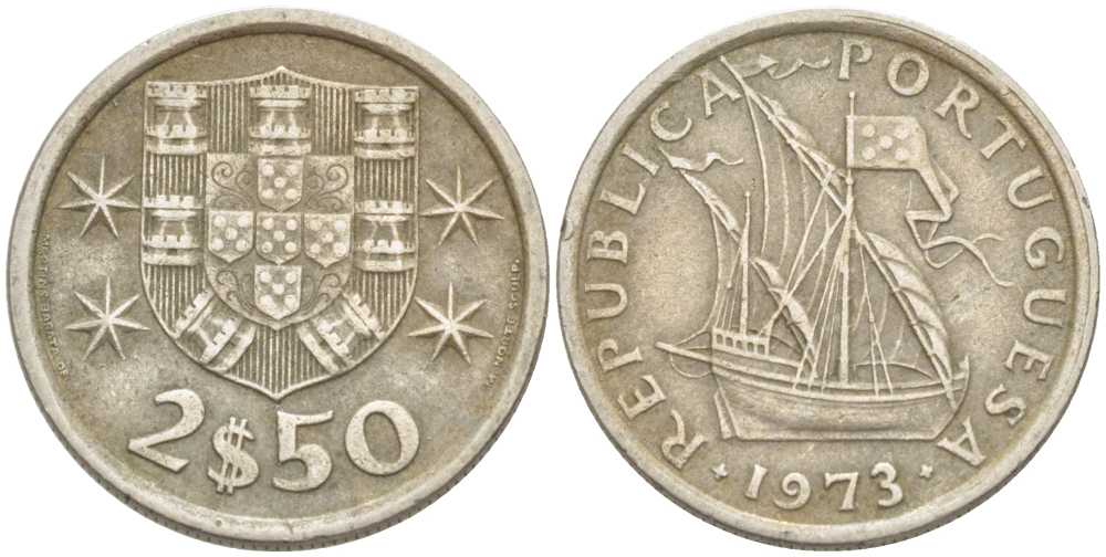 ПОРТУГАЛИЯ 2,5 ЭСКУДО 1973 ПАРУСНИК KM 590 медно-никель 213-241