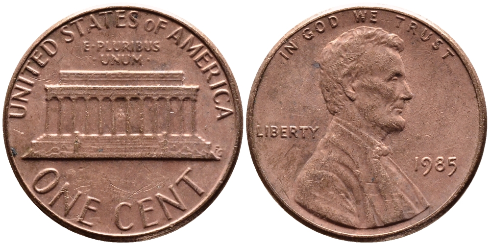 США 1 ЦЕНТ 1985 ЛИНКОЛЬН KM 201b цинк плакированный медью 4178-253