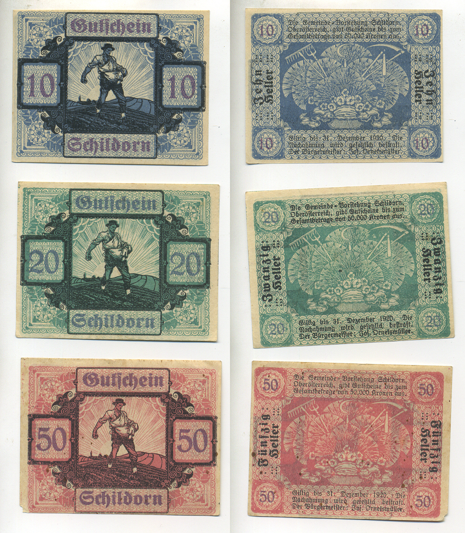 АВСТРИЯ НАБОР ИЗ 3 БАНКНОТ 1920 ДО 31 ДЕКАБРЯ 1920, НОТГЕЛЬД, 10, 20, 50 ГЕЛЛЕРОВ, SCHILDORN бумага XF 7217-8-1