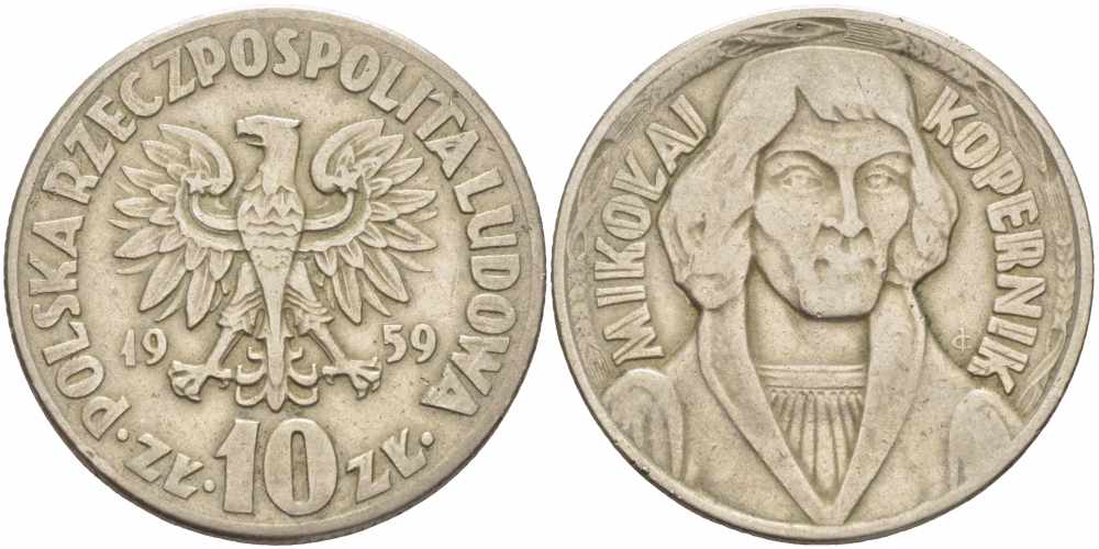 ПОЛЬША 10 ЗЛОТЫХ 1959 НИКОЛАЙ КОПЕРНИК KM 51 медно-никель 109-545