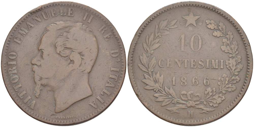 ИТАЛИЯ 10 ЧЕНТЕЗИМО 1866 H, МОНДВОР БИРМИНГЕМ, ВИКТОР ЭММАНУИЛ II (1861-1878) KM 11.3 медь 4526-821