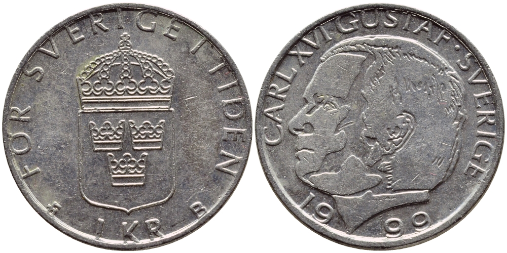 Швеция 1 крона 1999 Карл XVI Густав (1973- ) KM 852a медно-никель 89-655