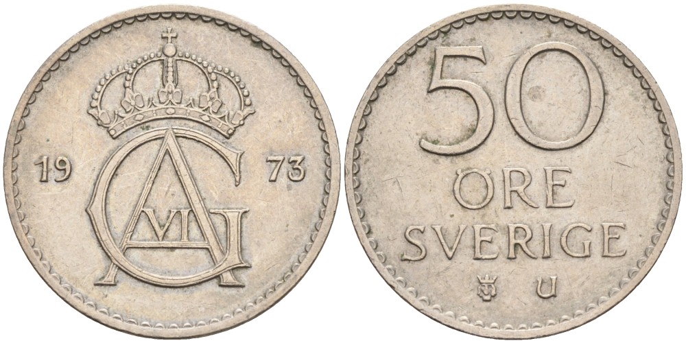 Швеция 50 эре 1973 U, Густав VI Адольф (1950-1973) KM 837 медно-никель 4538-1236