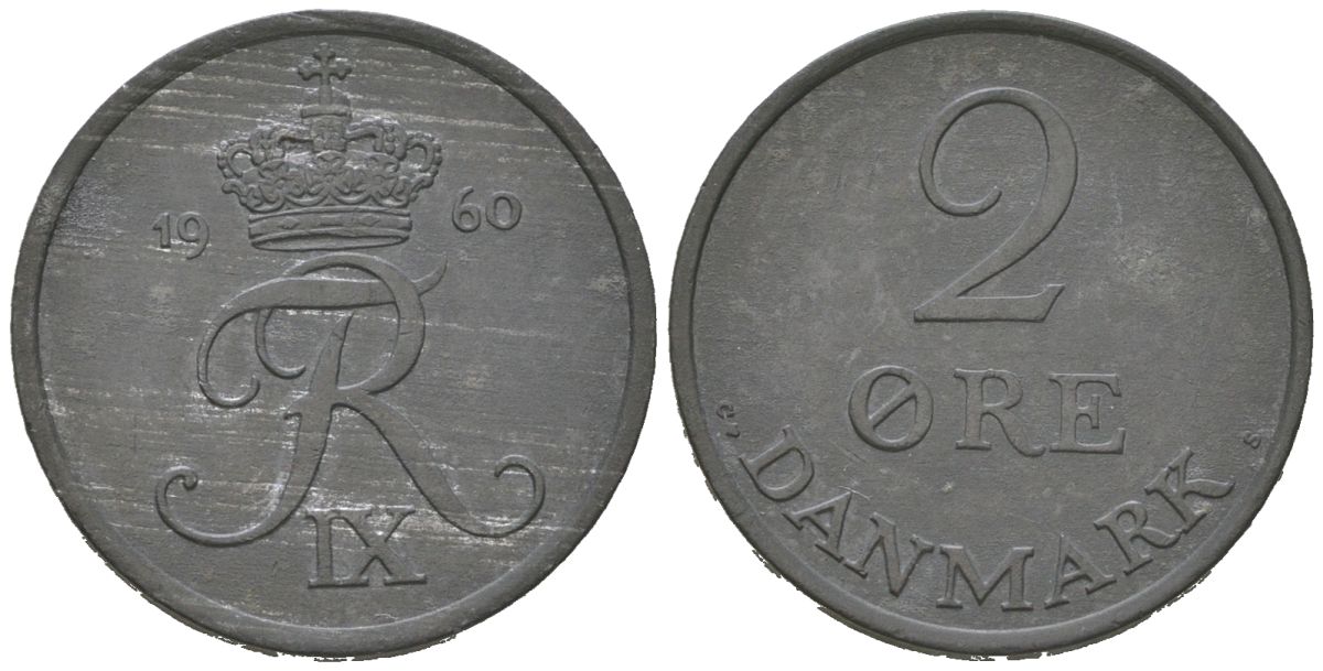 Дания 2 эре 1960 C; S, Фредерик IX (1947-1972) KM 840 цинк aUNC 213-244