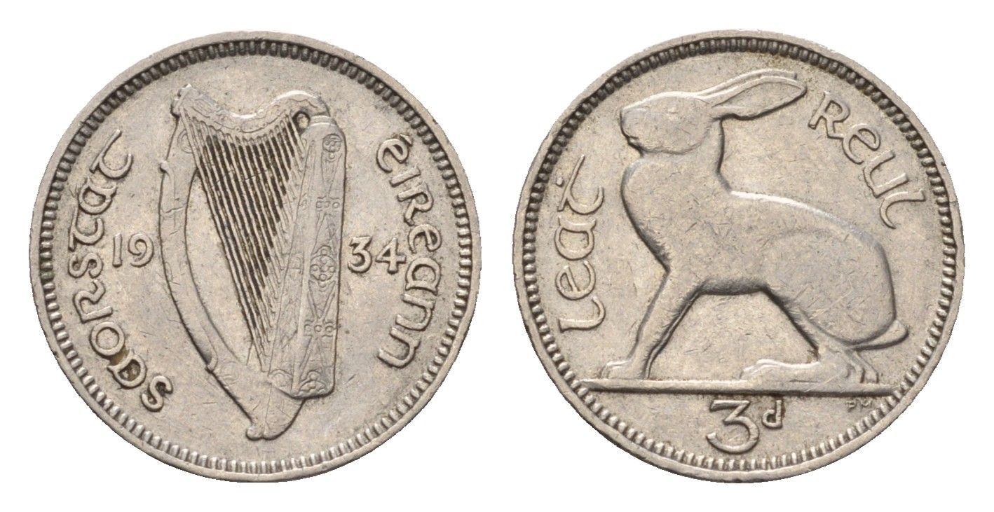 Ирландия 3 пенса 1934 заяц KM 4 никель 46-2465