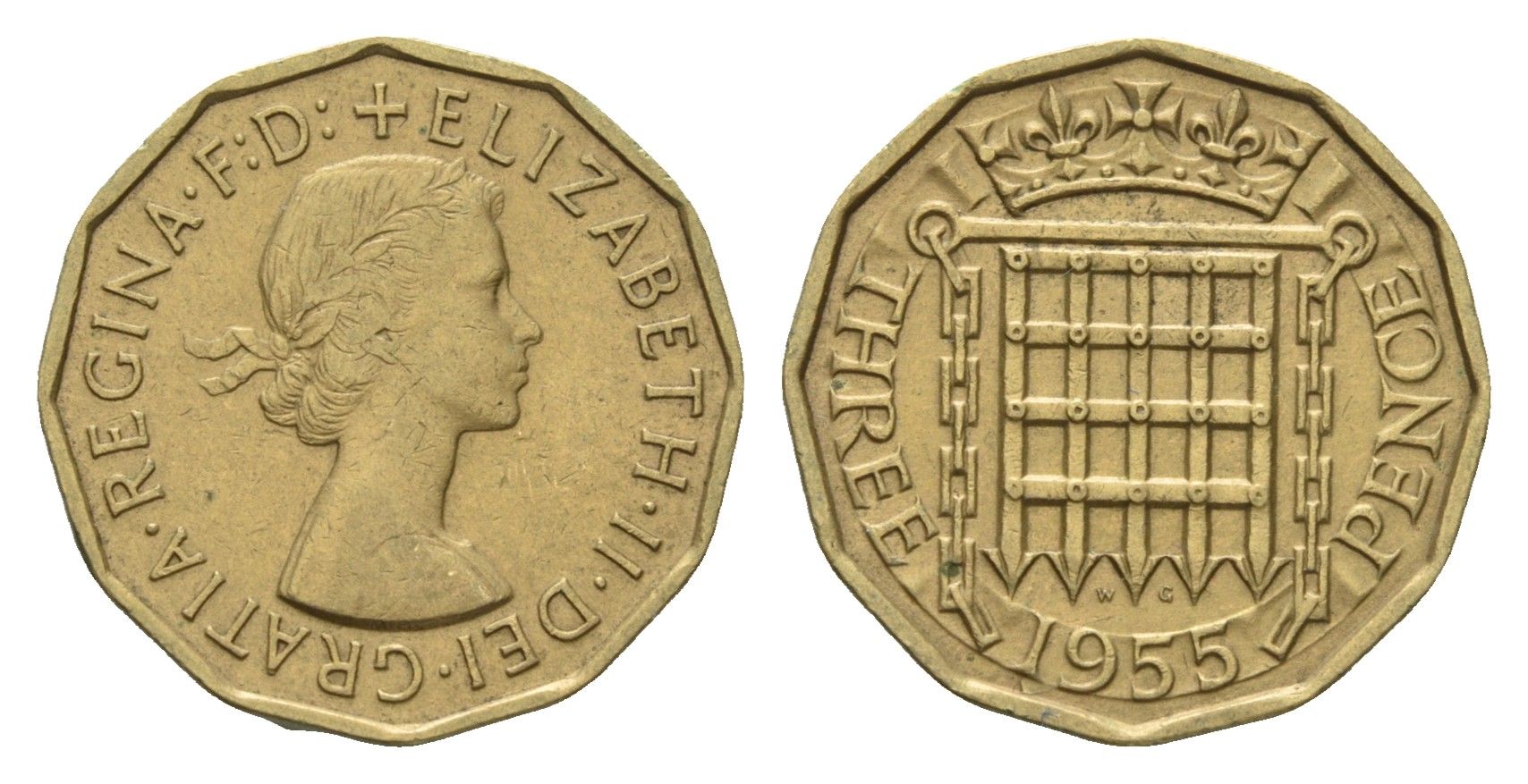 Великобритания 3 пенса 1955 Елизавета II (1952-2022) KM 900, Spink 4153 никель латунь 4121-527