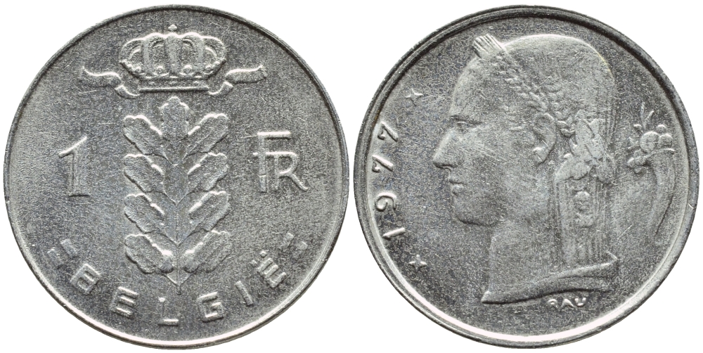 БЕЛЬГИЯ 1 ФРАНК 1977 BELGIE KM 143.1 медно-никель 4379-645