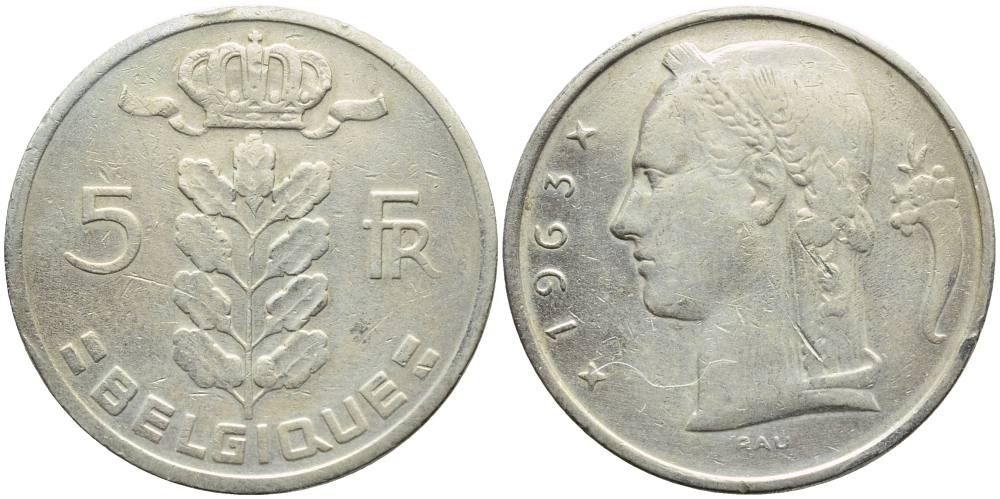 БЕЛЬГИЯ 5 ФРАНКОВ 1963 BELGIQUE KM 134.1 медно-никель 3999-923