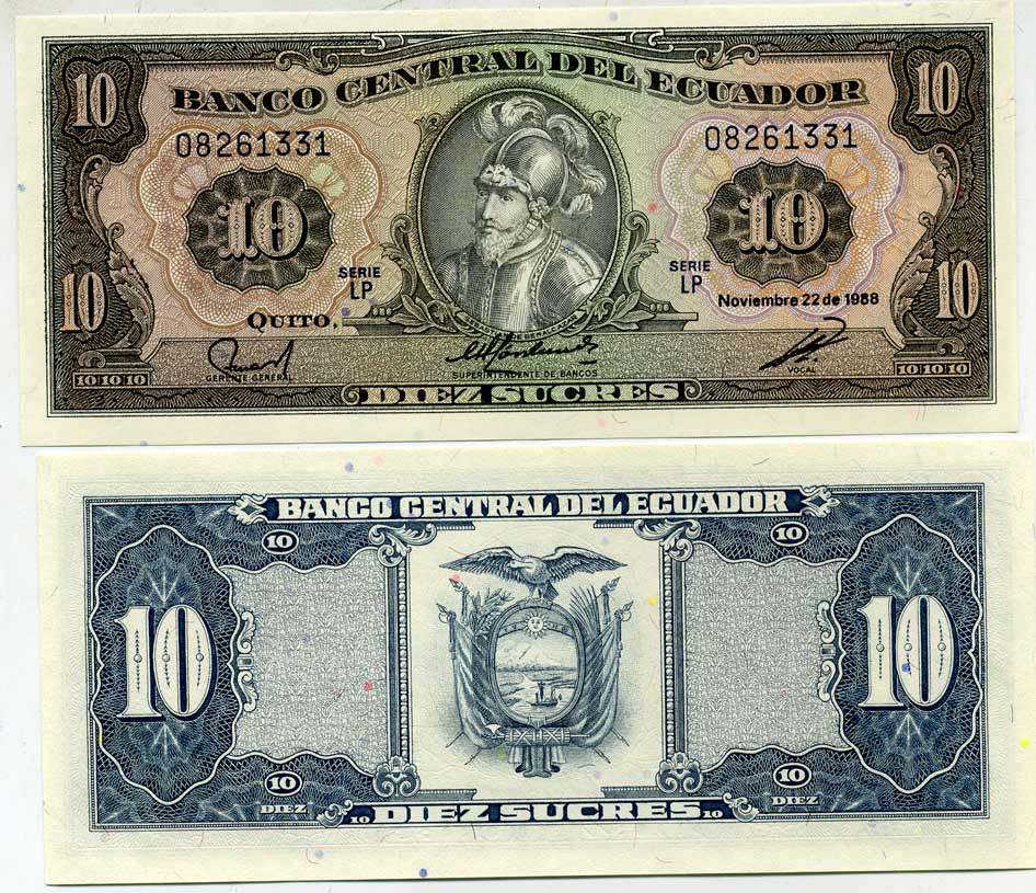 ЭКВАДОР 10 СУКРЕ 1988 Pick 121 бумага UNC (ПРЕСС) 6287-43-3-2