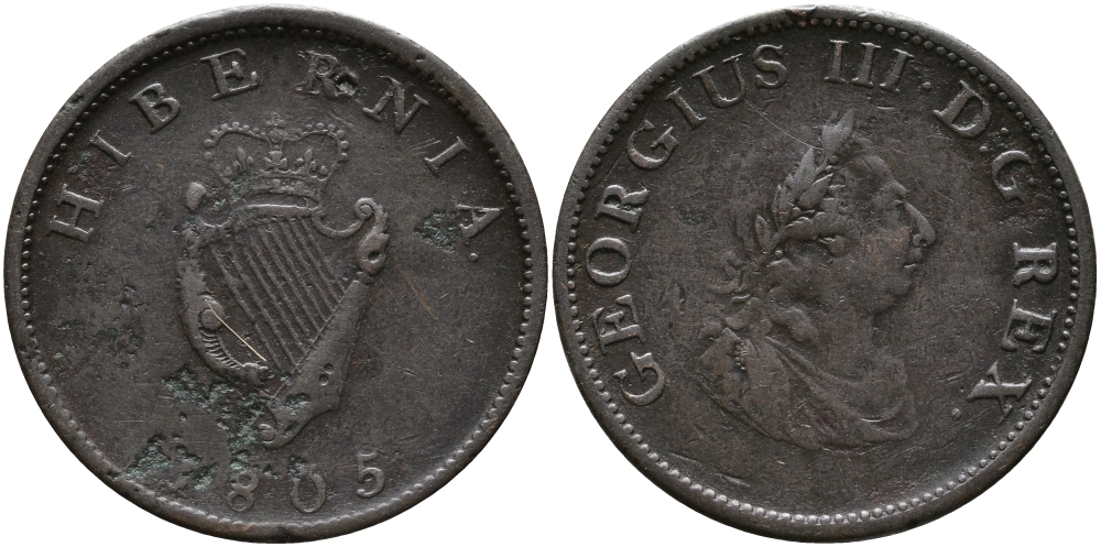 Ирландия 1/2 пенни 1805 Георг III (1760-1820) KM 147.1 медь 1519-141