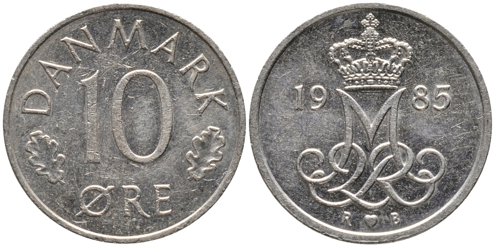 Дания 10 эре 1985 R; B, Маргрете II (1972-2024) KM 860.3 медно-никель 100-726