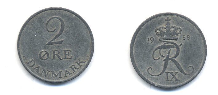 ДАНИЯ 2 ЭРЕ 1958 C; S, ФРЕДЕРИК IX (1947-1972) KM 840.2 цинк 23-1035