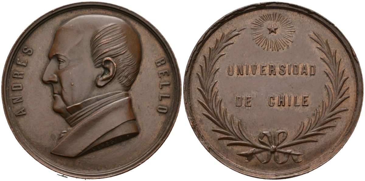 Чили медаль ND Андрес Бельо, основатель Чилийского университета, медальер Venegas, диаметр 38 мм. бронза 1095-8-44