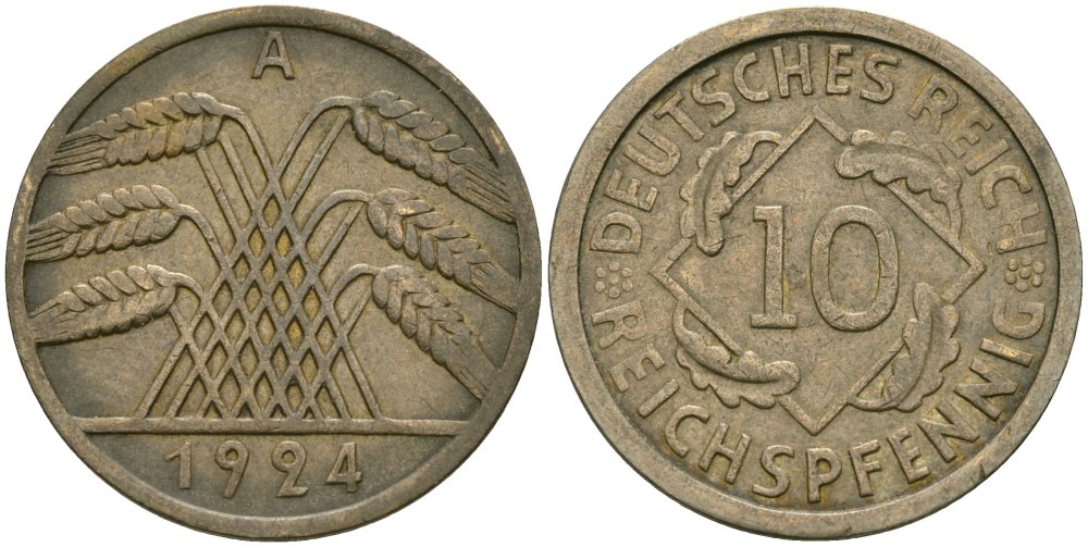 Германия 10 рейхспфеннигов 1924 A KM 40, J.317, Weege 9 алюминиевая бронза 4576-849