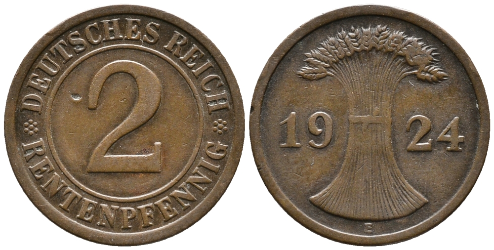 ГЕРМАНИЯ 2 РЕНТЕНПФЕННИГА 1924 E KM 31, J. 307 бронза 24-533