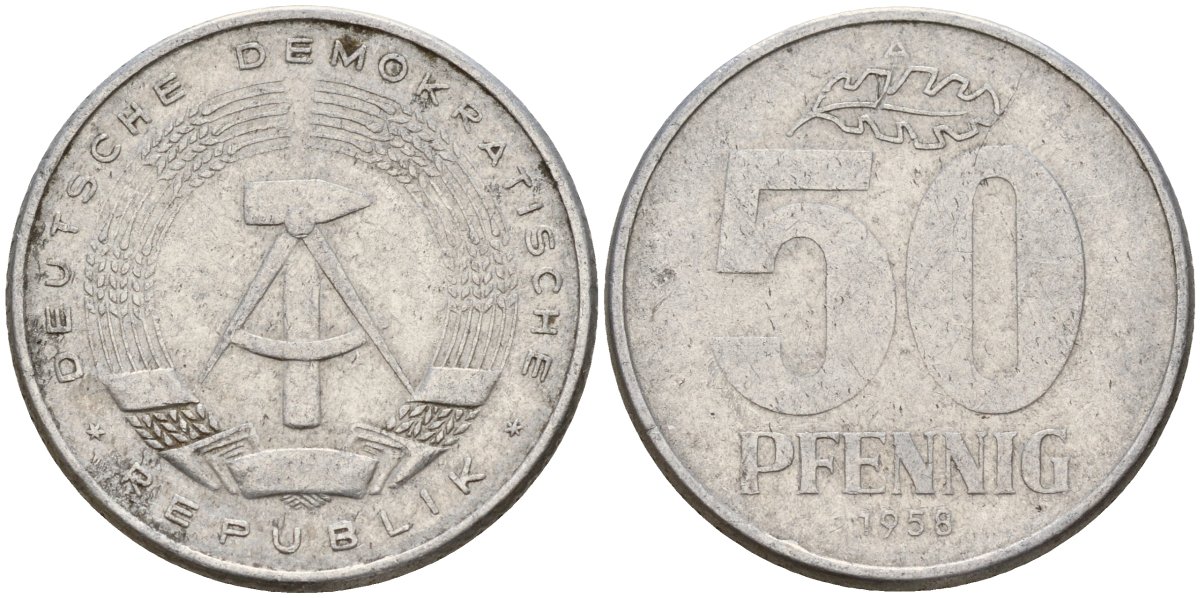 ГДР 50 пфеннигов 1958 A KM 12.1 алюминий 106-1143