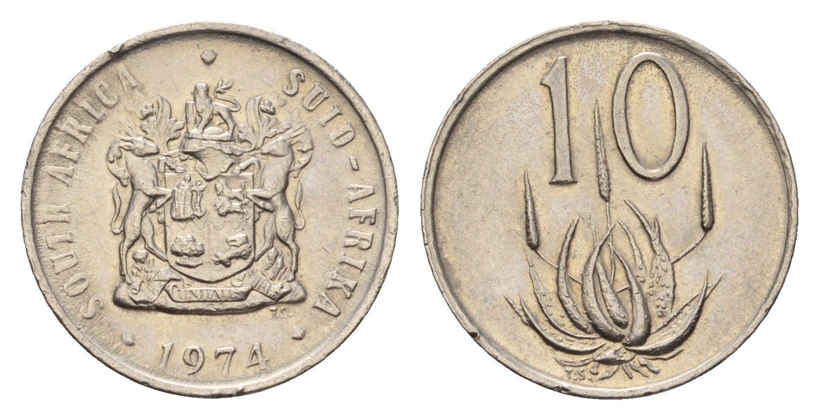 ЮАР 10 центов 1974 герб, цветок алоэ KM 85 никель 4643-235