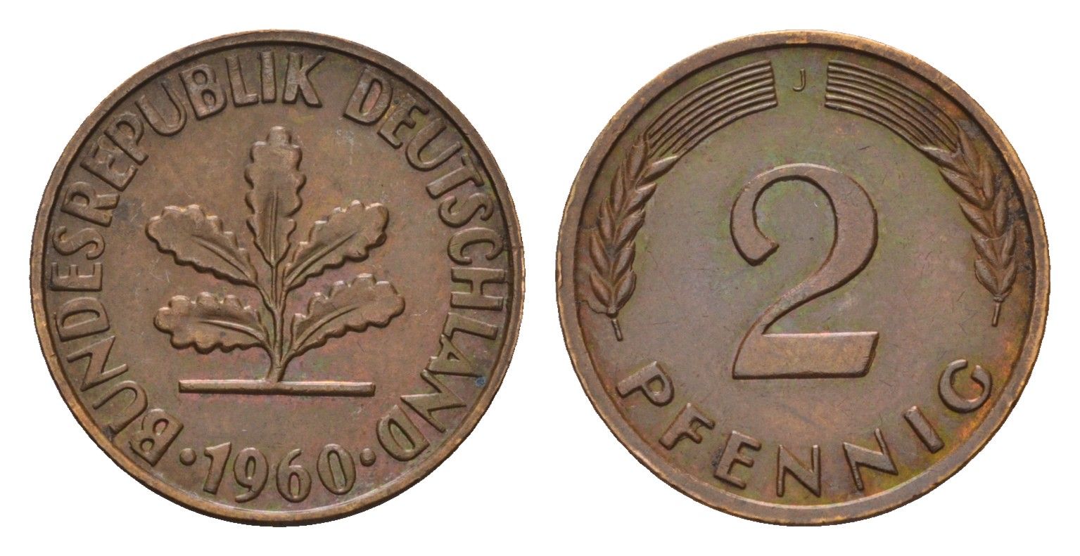 ФРГ 2 пфеннига 1960 J KM 106, J. 381 бронза 4682-1059