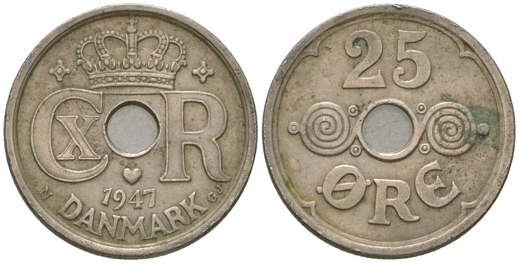 Дания 25 эре 1947 Кристиан X (1912-1947), редкий год KM 823.2 медно-никель 4635-836