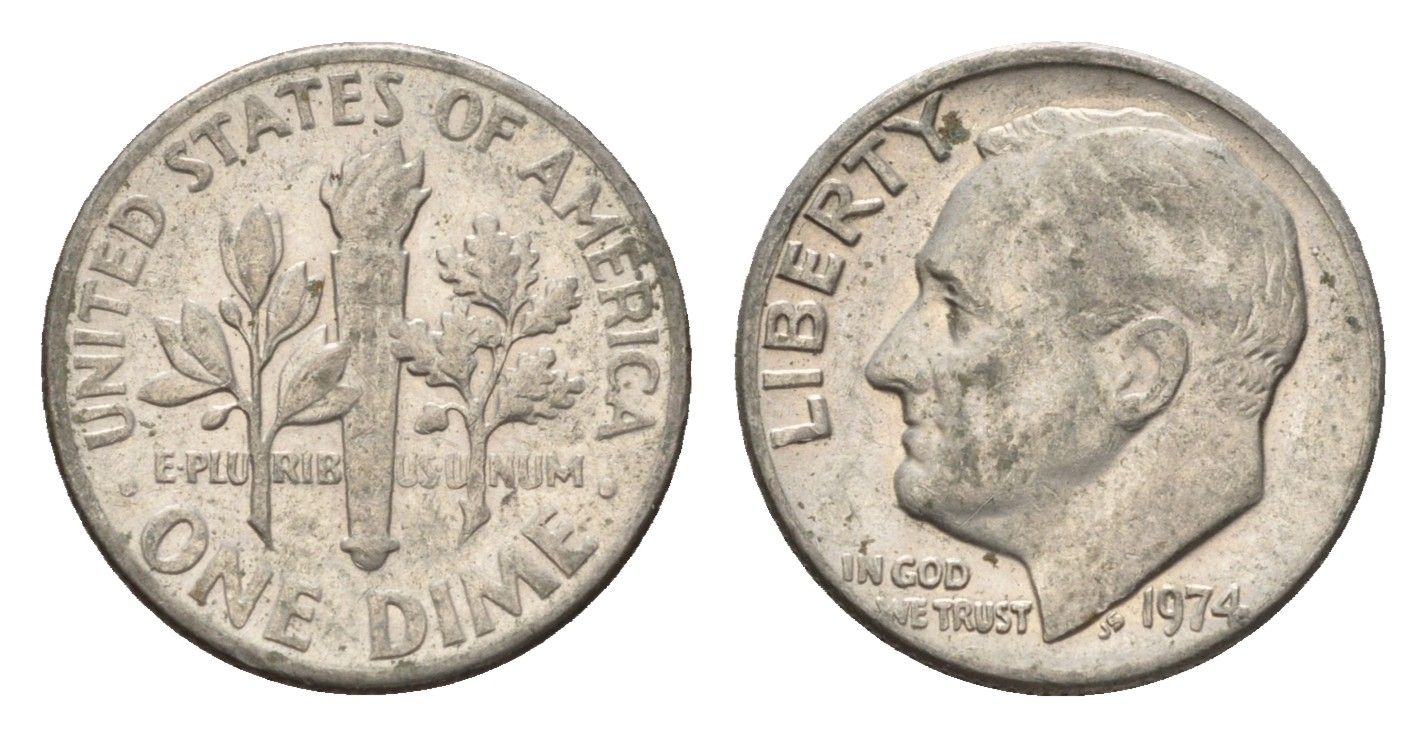 США 10 центов (дайм) 1974 Рузвельт KM 195a медь плакированная медно-никелем 4674-545