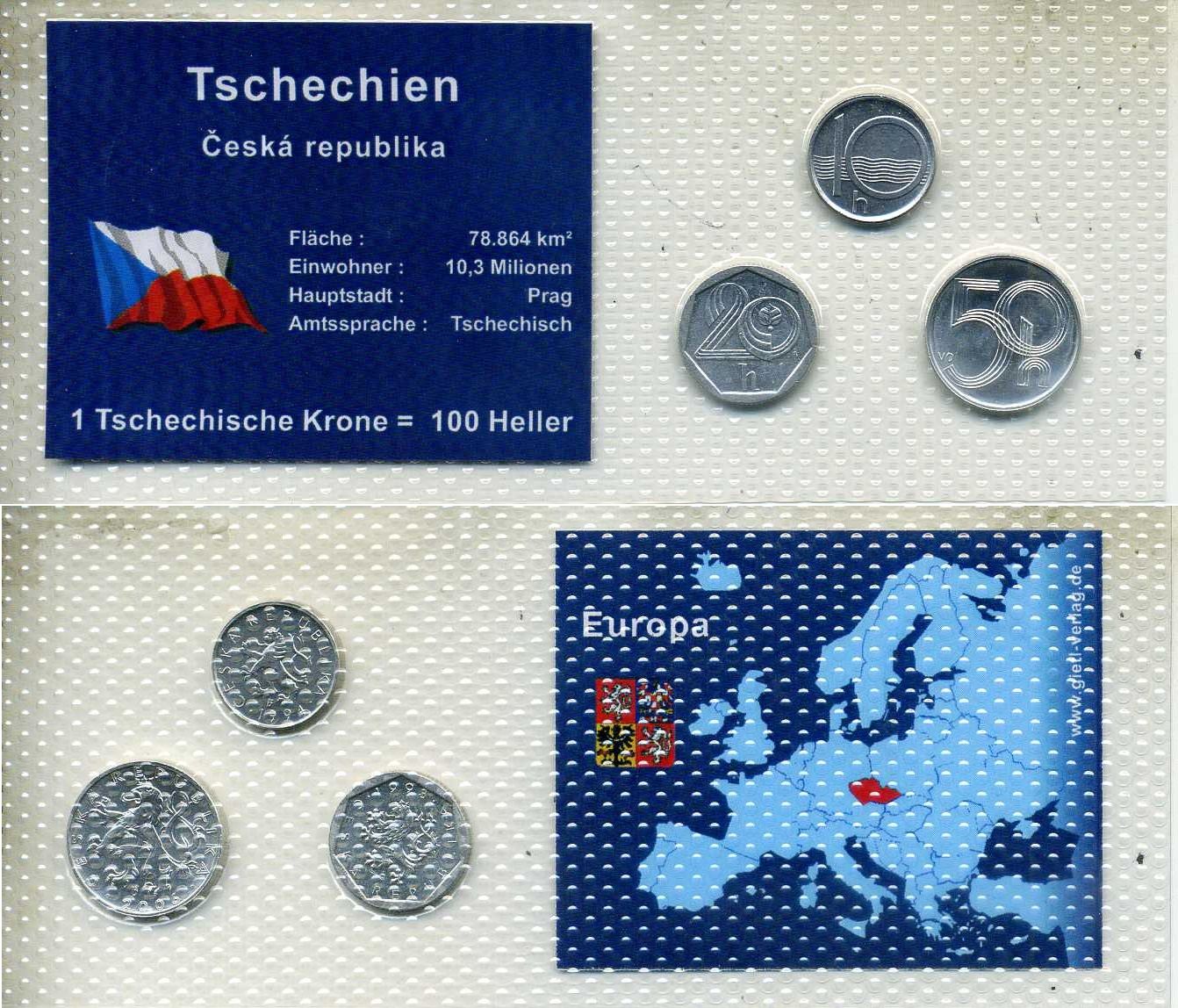 Чехия набор из 3 монет (10, 20 и 50 геллеров) 1993, 1994 и 2006 в красочном блистер, в запайке KM 2.1, 3 и 6 UNC 4-3-2-51