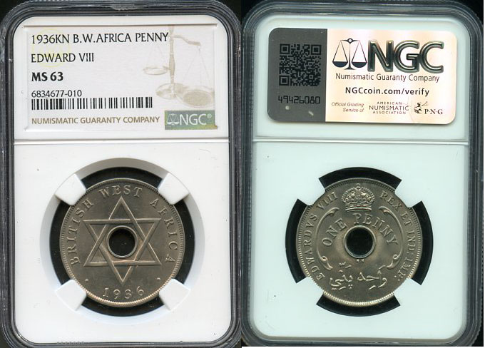 Британская Западная Африка 1 пенс 1936 Эдуард VIII (1936), в слабе NGC MS 63 KM 16 медно-никель  UNC  15-011-18