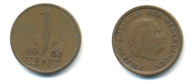 Нидерланды 1 цент 1961 Юлиана (1948-1980) КМ 180 бронза 83-931