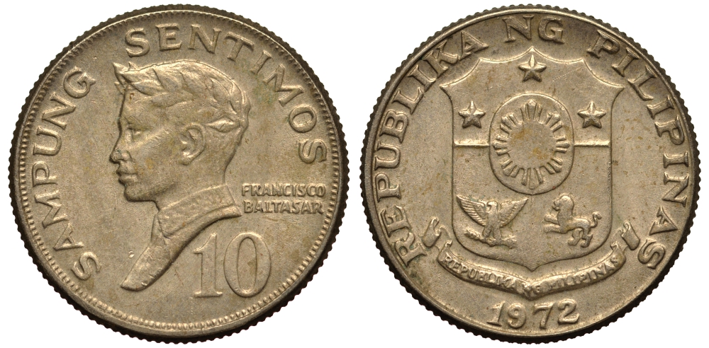 ФИЛИППИНЫ 10 СЕНТИМО 1972 ПОЭТ ФРАНСИСКО БАЛЬТАСАР KM 198 медь цинк никель F 4181-248