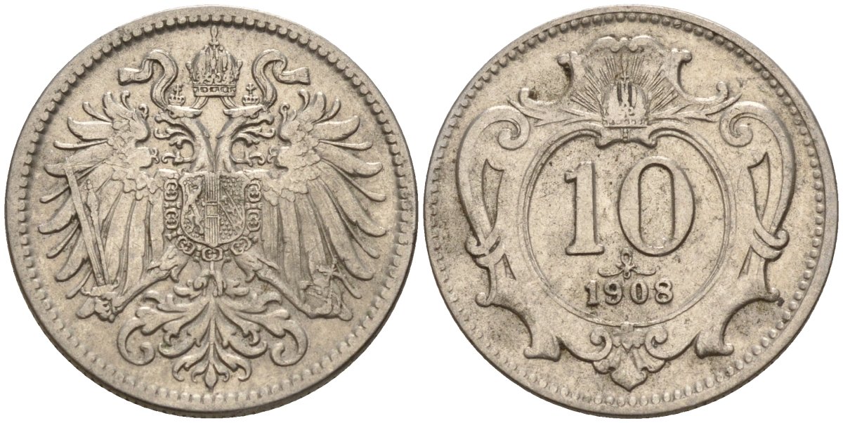 Австрия 10 геллеров 1908 Франц Иосиф (1848-1916) KM 2802 никель 4152-124