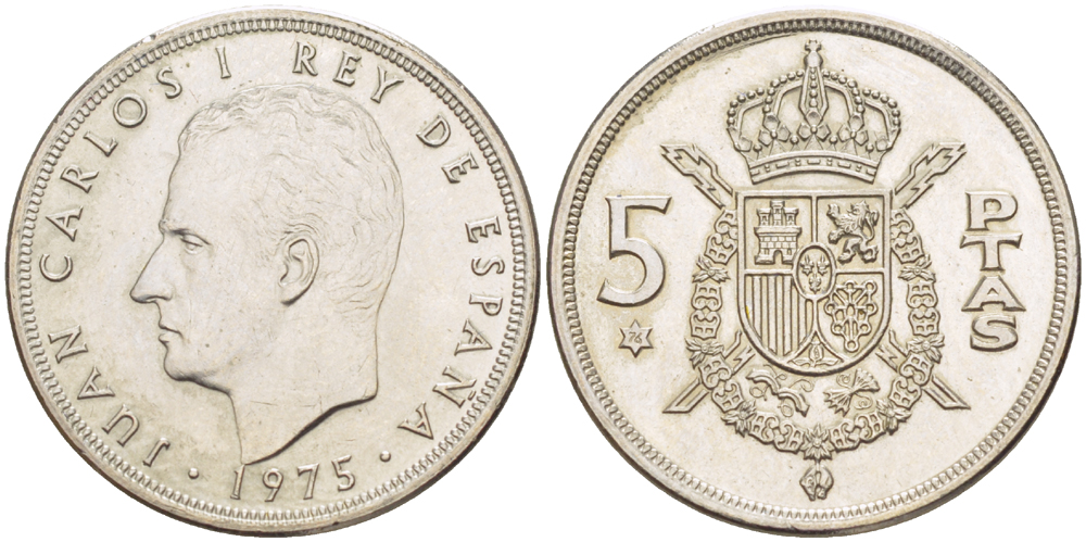 Испания 5 песет 1975 (76) Хуан Карлос I (1975-2014) KM 807 медно-никель XF- UNC 216-445