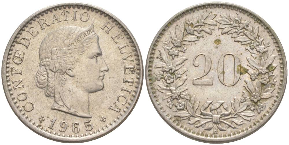 ШВЕЙЦАРИЯ 20 РАППЕНОВ 1965 В KM 29a медно-никель 55-837