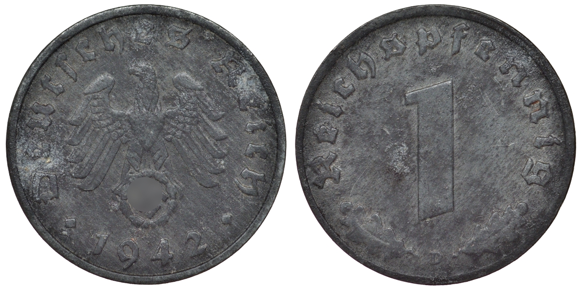 Германия 1 рейхспфенниг 1942 D KM 97, J. 369 цинк 4124-223