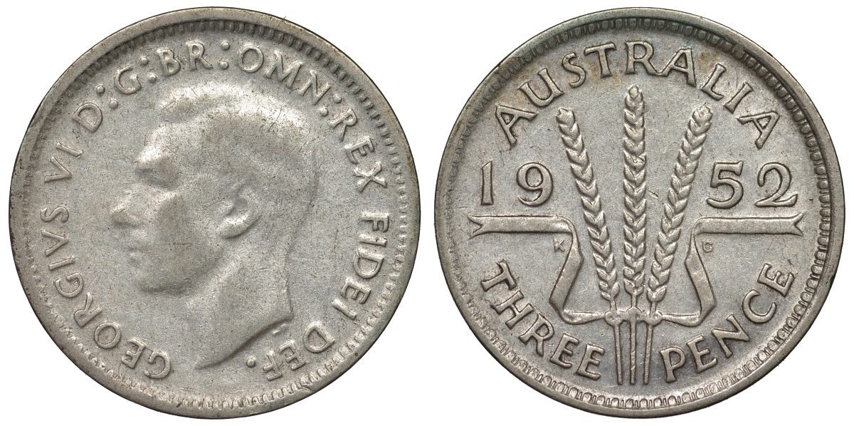 Австралия 3 пенса 1952 m, Георг VI (1937-1952), без букв KM 44 серебро 71-361