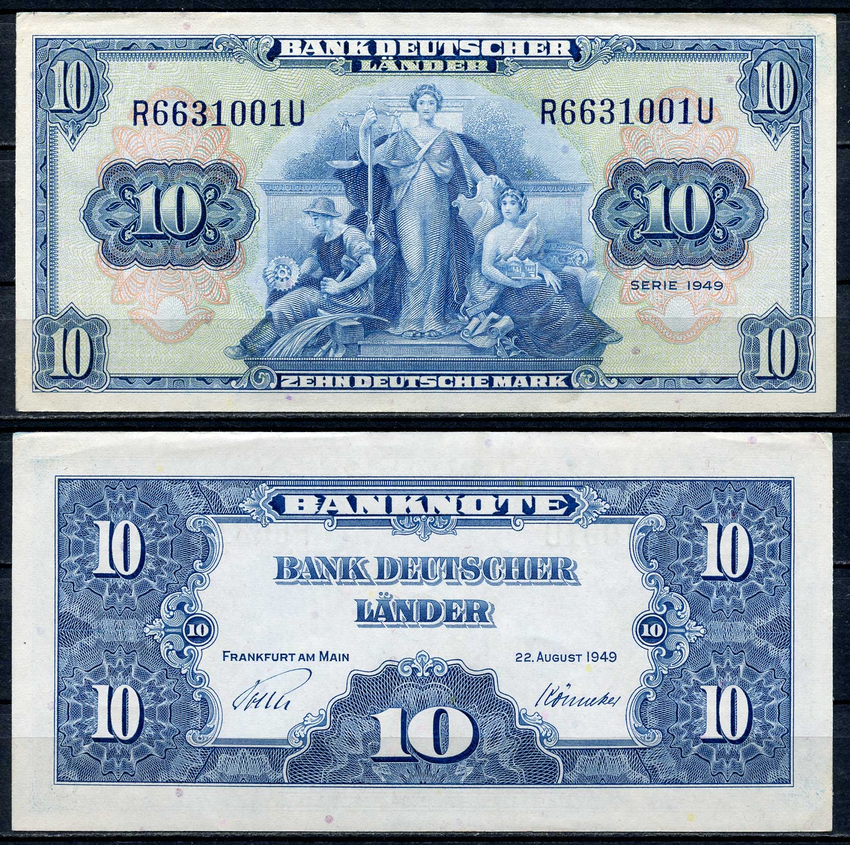 ФРГ 10 марок 1949 22 августа 1949, Франкфурт-на-Майне Pick 16 a, Розенберг 258  бумага  aUNC 451-557-1