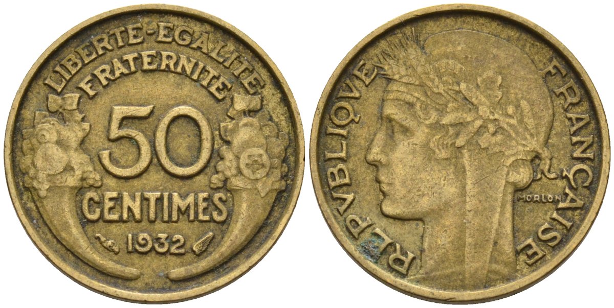 Франция 50 сантимов 1932 KM 894.1, Le Franc 192.15 алюминиевая бронза 4596-744