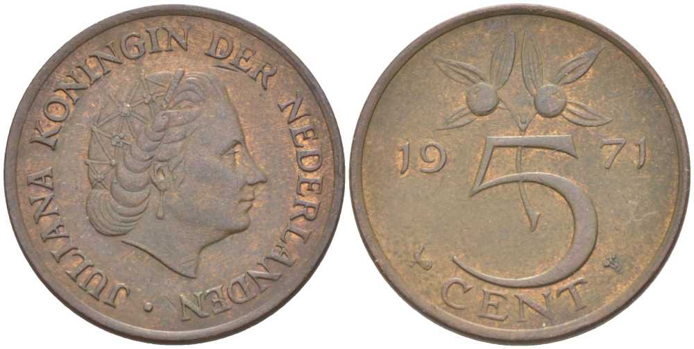 НИДЕРЛАНДЫ 5 ЦЕНТОВ 1971 ЮЛИАНА (1948-1980) KM 181 бронза 213-1112