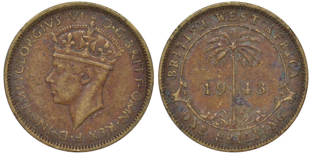 Британская Западная Африка 1 шиллинг 1943 Георг VI KM 23 никель латунь 25-1645