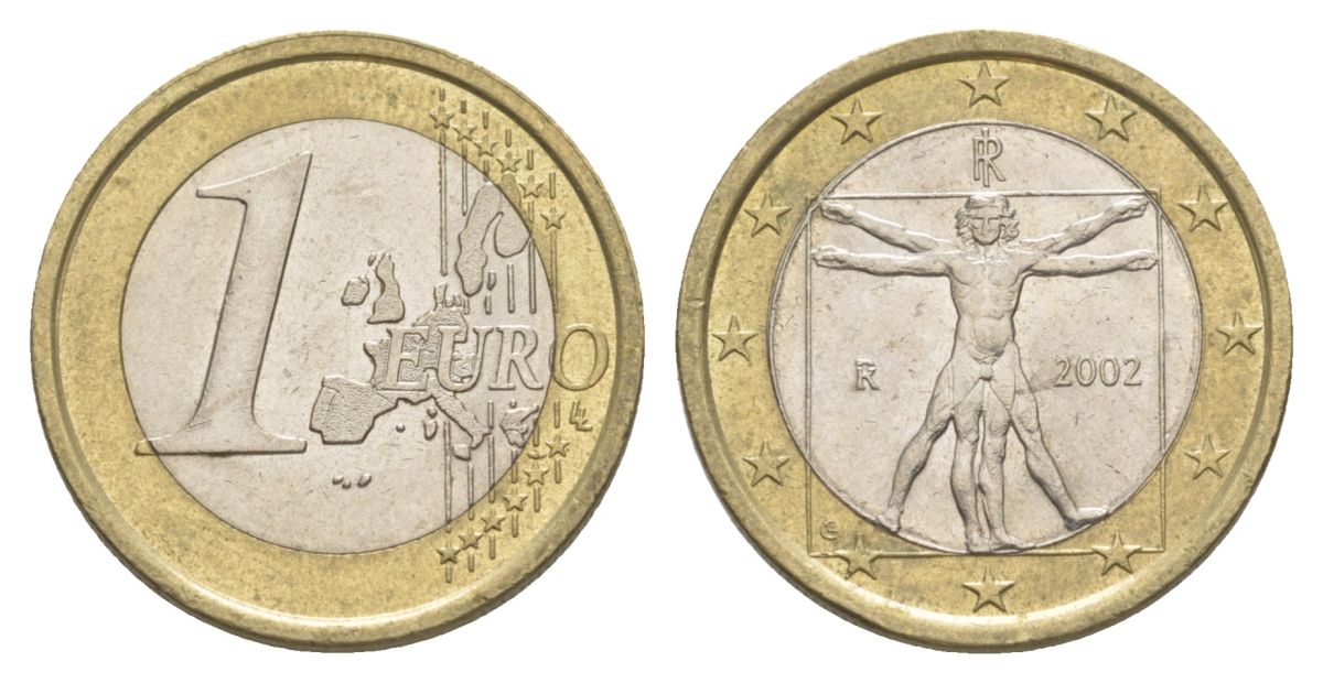 Италия 1 евро 2002 Витрувианский человек KM 216 биметалл 4629-425