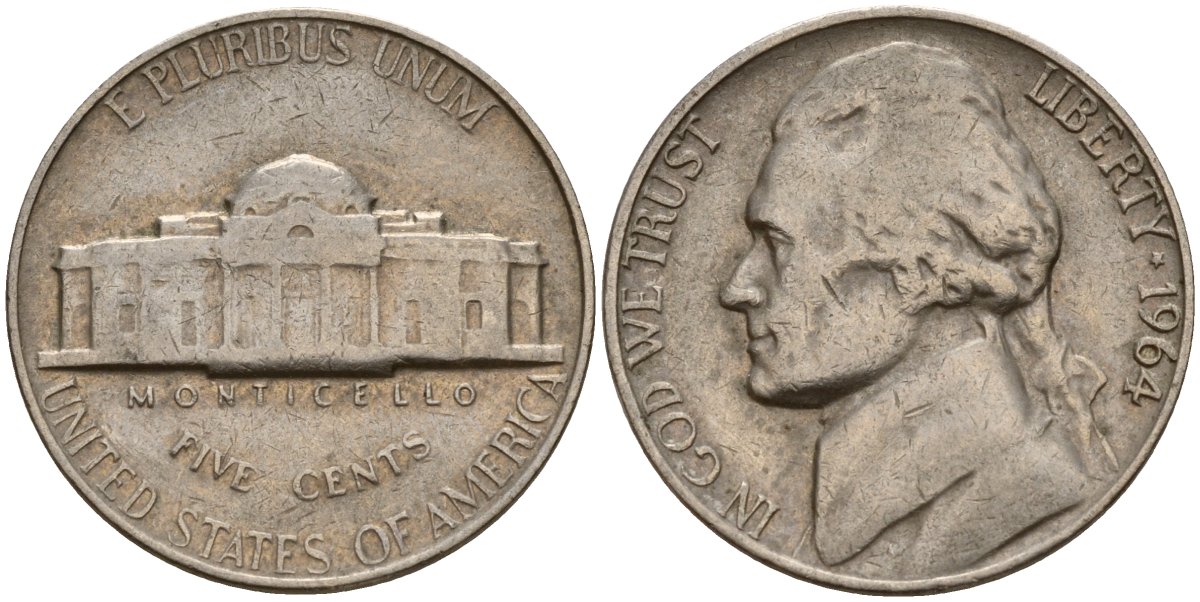 США 5 центов 1964 Джефферсон KM A192 медно-никель 4156-615