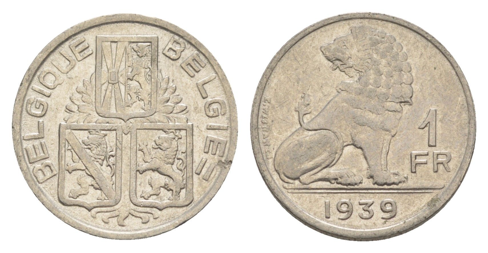 Бельгия 1 франк 1939 Belgique - Belgie, Леопольд III (1934-1947) KM 119 никель 4619-1112