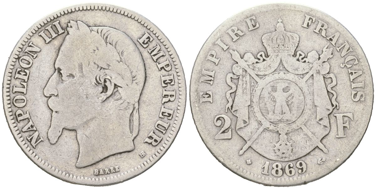 Франция 2 франка 1869 BB, Наполеон III (1852-1870) KM 807.2 серебро 4616-541