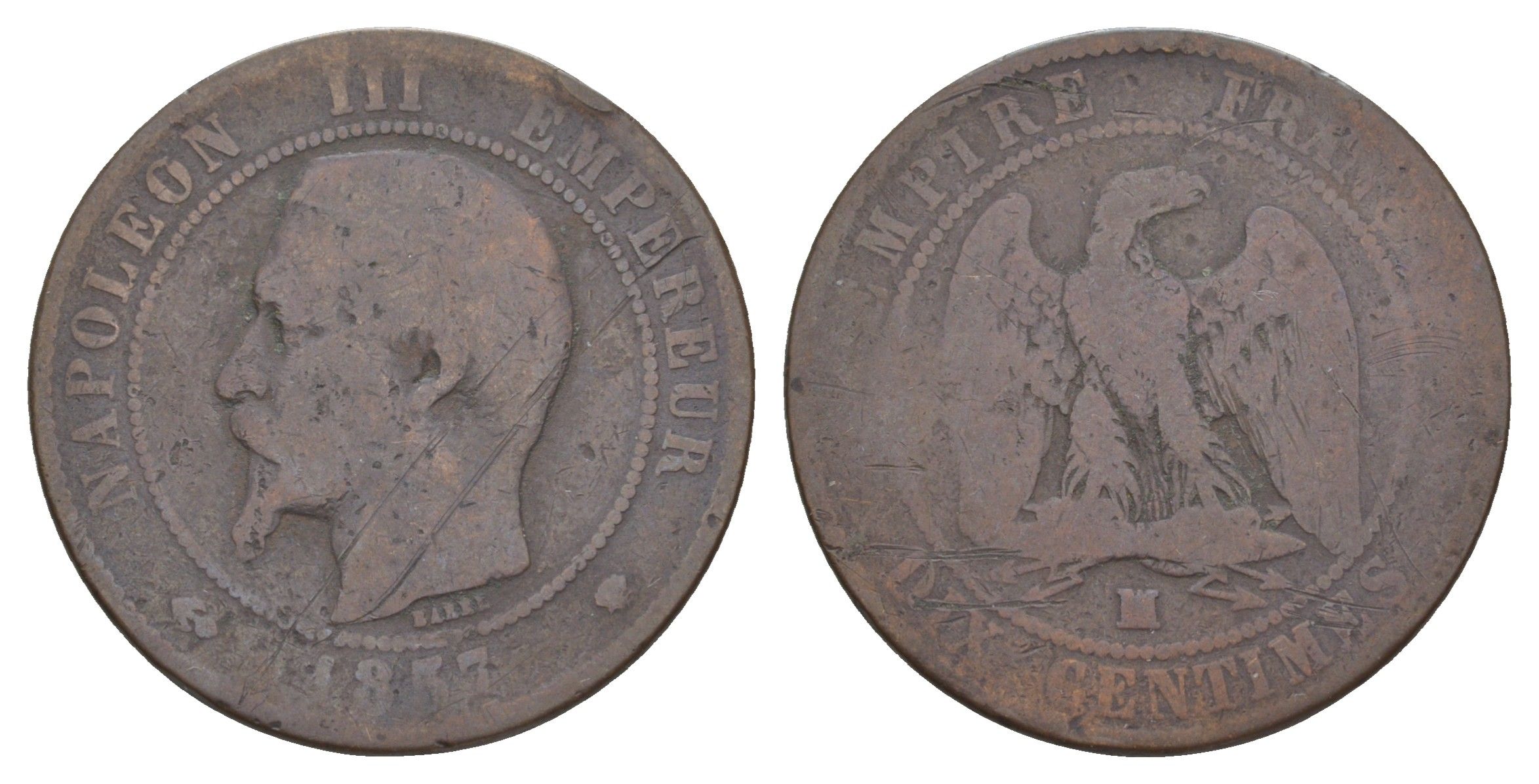 Франция 10 сантимов 1857 W, Наполеон III (1852-1870) KM 771 бронза 4653-912