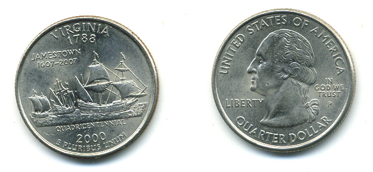 США 25 центов = квотер 2000 Р, серия штаты США, Вирджиния KM 309 медь плакированная медно-никелем 4388-811